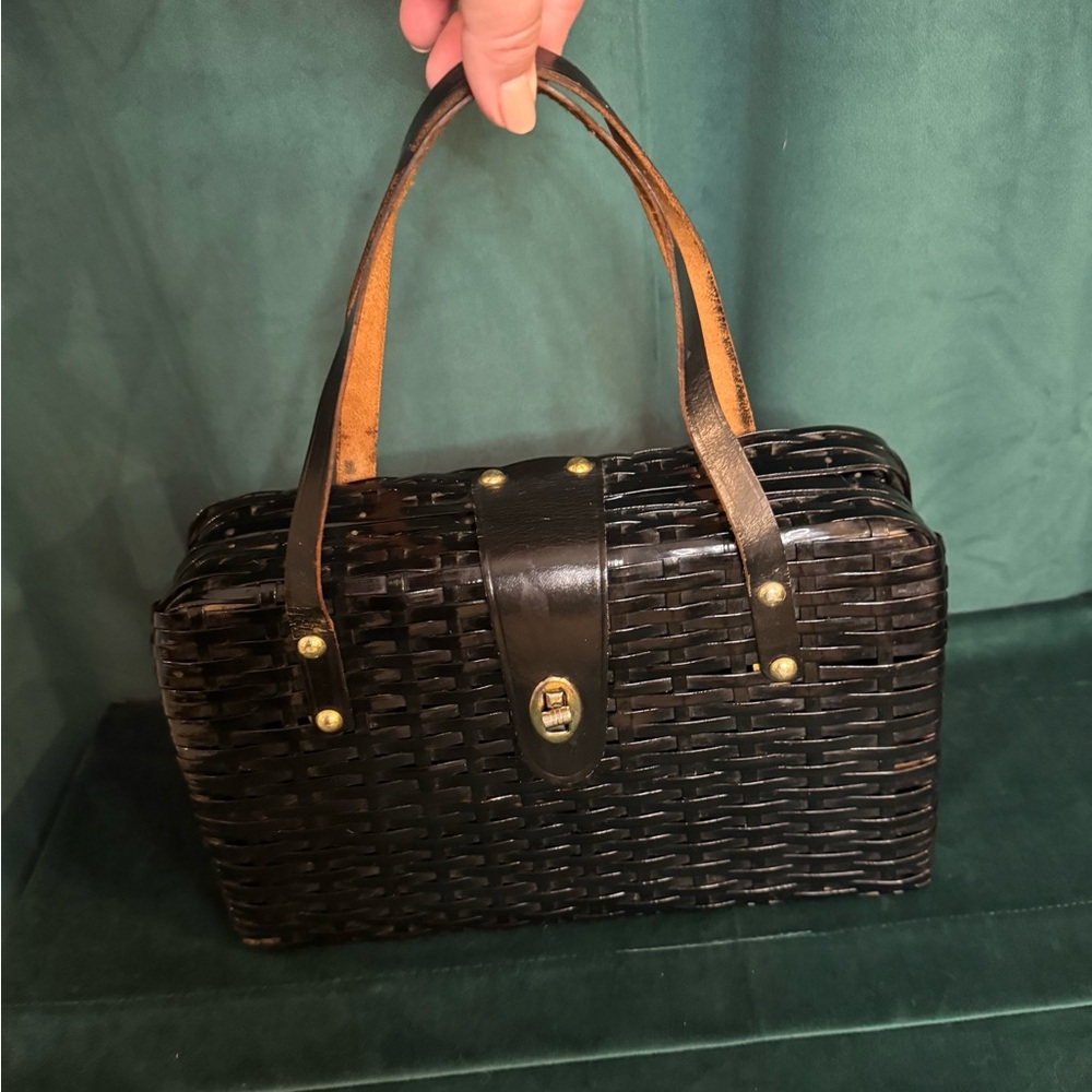 Vintage Woven bag leather handle cottagecore basket purse retro rockabilly 50’s
